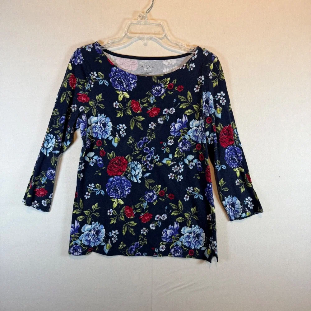 Talbots Womens Medium Navy Blue Floral Print 3/4 Sleeve Boat Neck Cotton Top - Picture 2 of 7